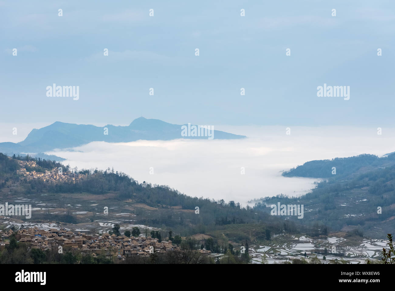 sea of clouds and terraced fields Stock Photo