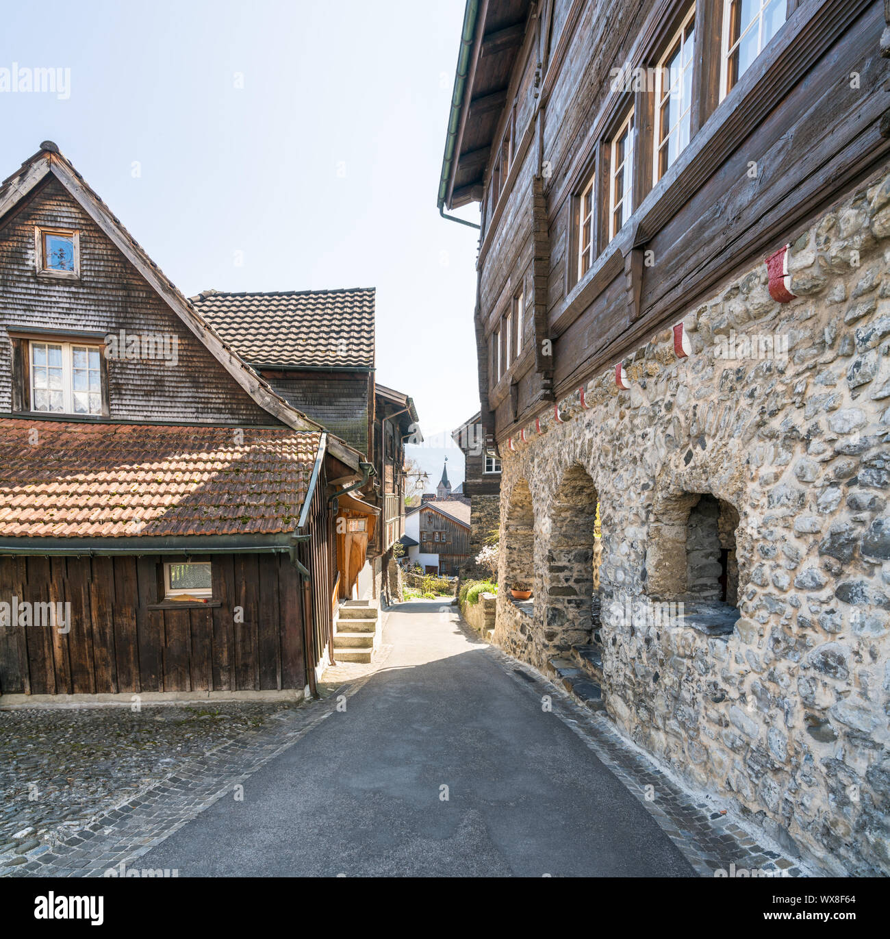 Werdenberg, SG / Switzerland - March 31, 2019: Werdenberg village with historic and traditional buil Stock Photo