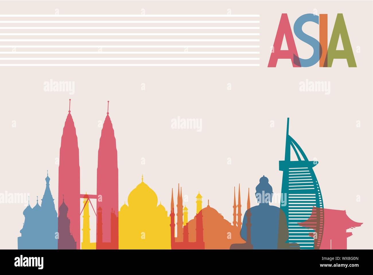 Diversity monuments of Asia, famous landmark colors transparency Stock Vector