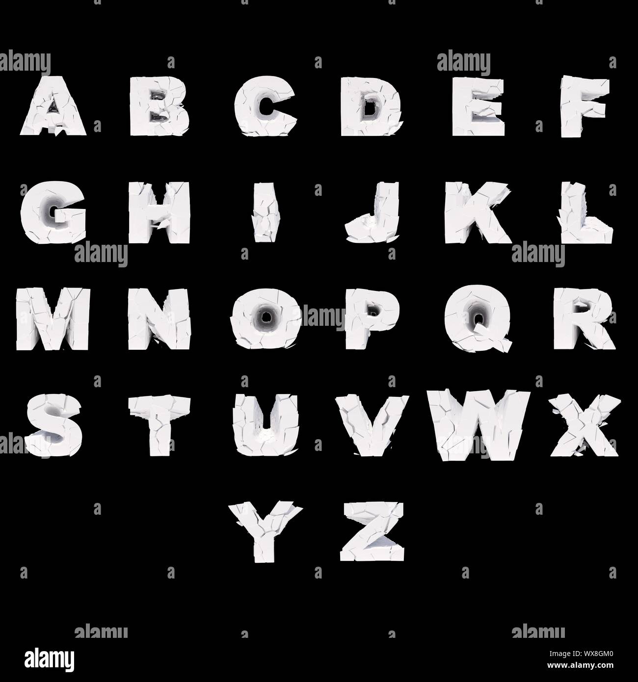 Isolated cracked alphabet letters on a black background. 3D