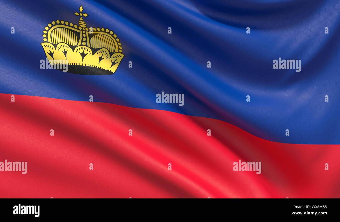 Flag of Liechtenstein. Waved highly detailed fabric texture. 3D illustration. Stock Photo