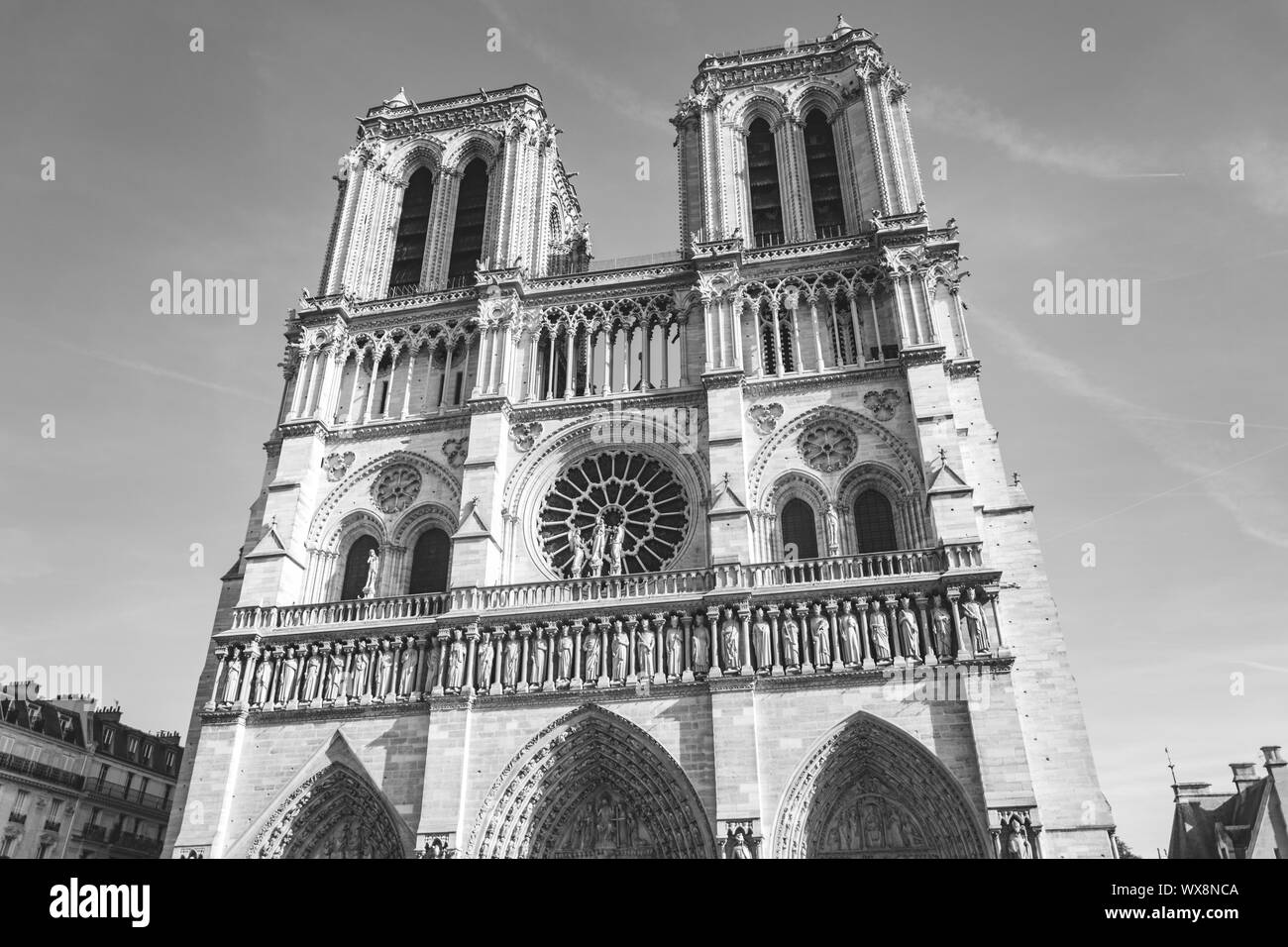 PARIS, FRANCE - 02 OCTOBER 2018: Notre dame cathedral on sunny autumn day in Paris. Black and white photo Stock Photo