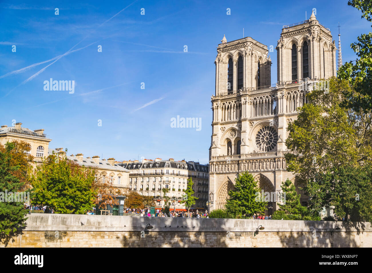PARIS, FRANCE - 02 OCTOBER 2018: Notre dame cathedral on sunny autumn day in Paris Stock Photo