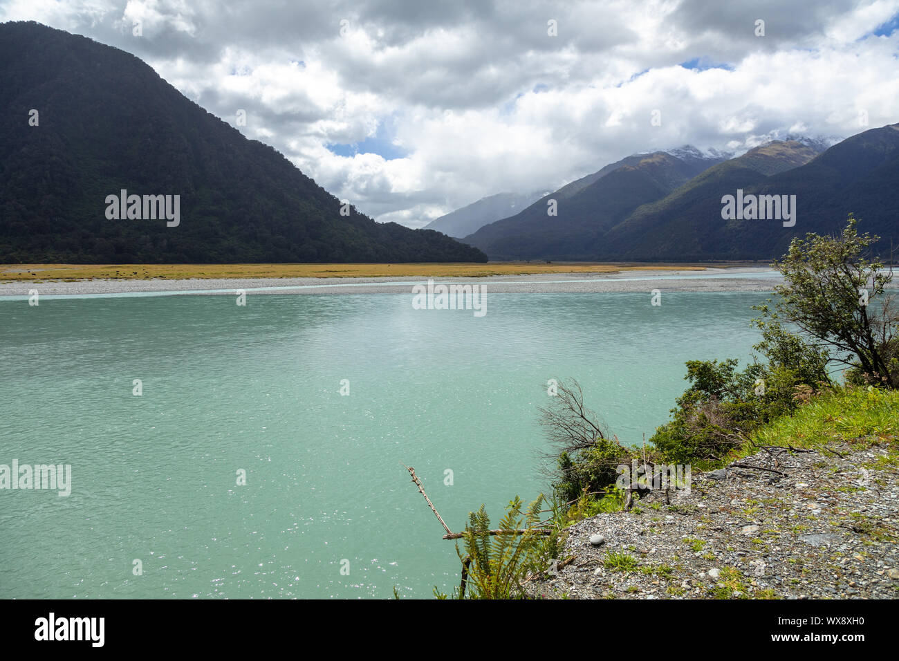 riverbed landscape scenery in south New Zealand Stock Photo