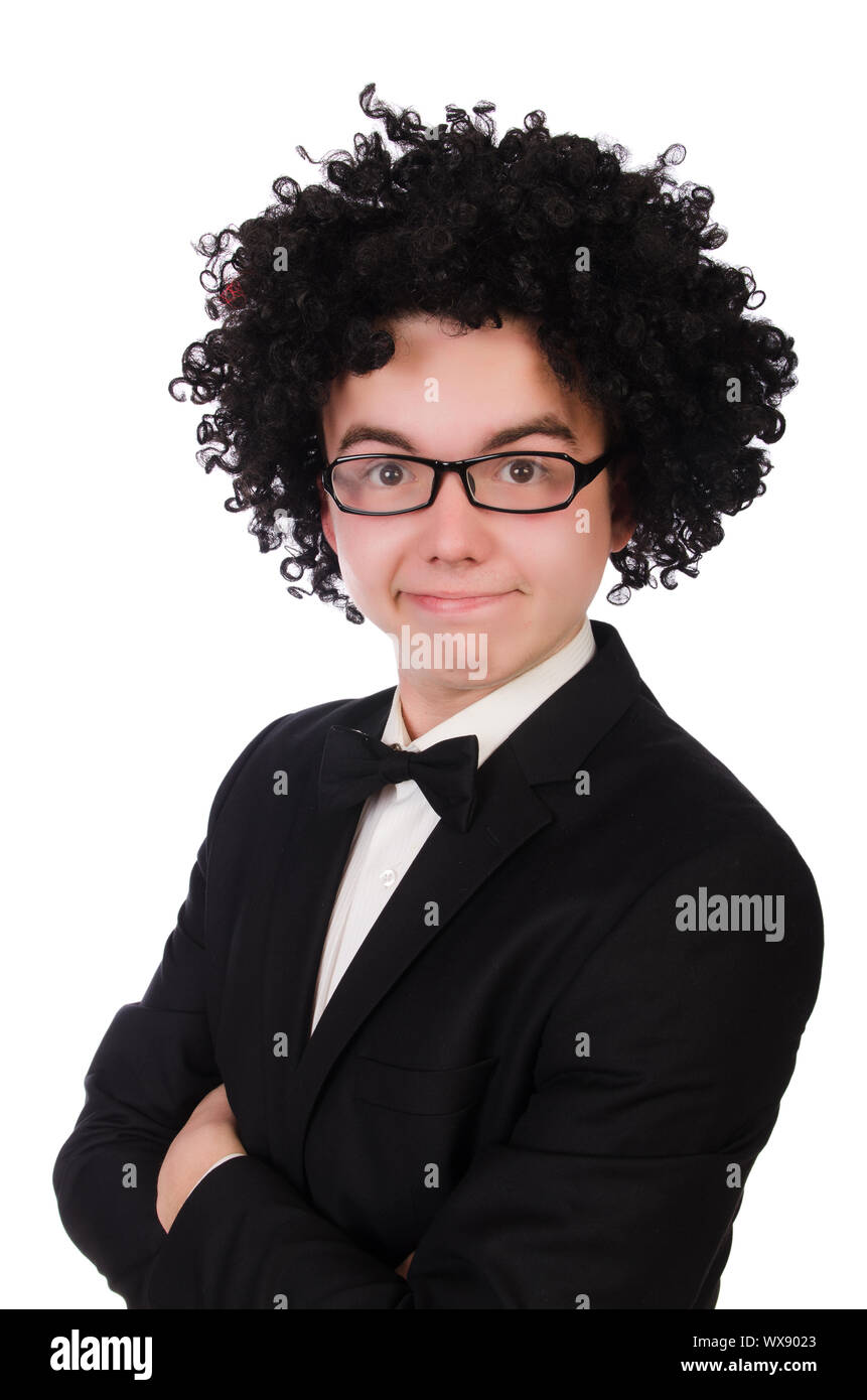 Young man wearing afro wig Stock Photo