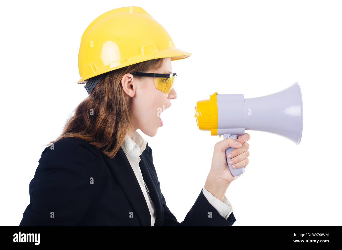 Woman with hard hat isolated on white Stock Photo - Alamy