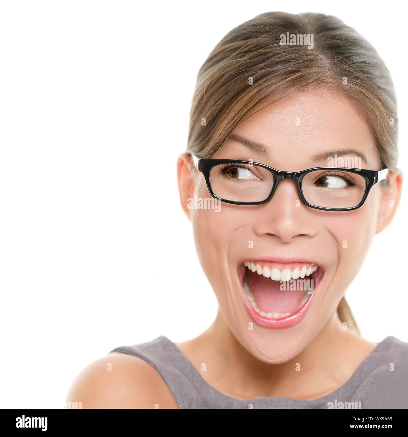 Excited Woman Looking Sideways Screaming Of Joy Closeup Of Happy Mixed Race Asian Chinese