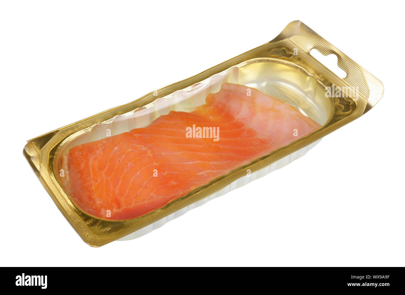 Smoked salmon fillet in sealed standard plastic packaging isolated Stock Photo