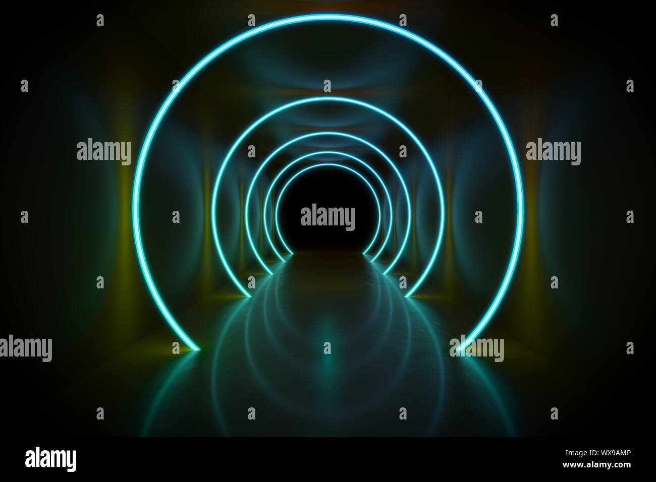 neon light circles tunnel background Stock Photo