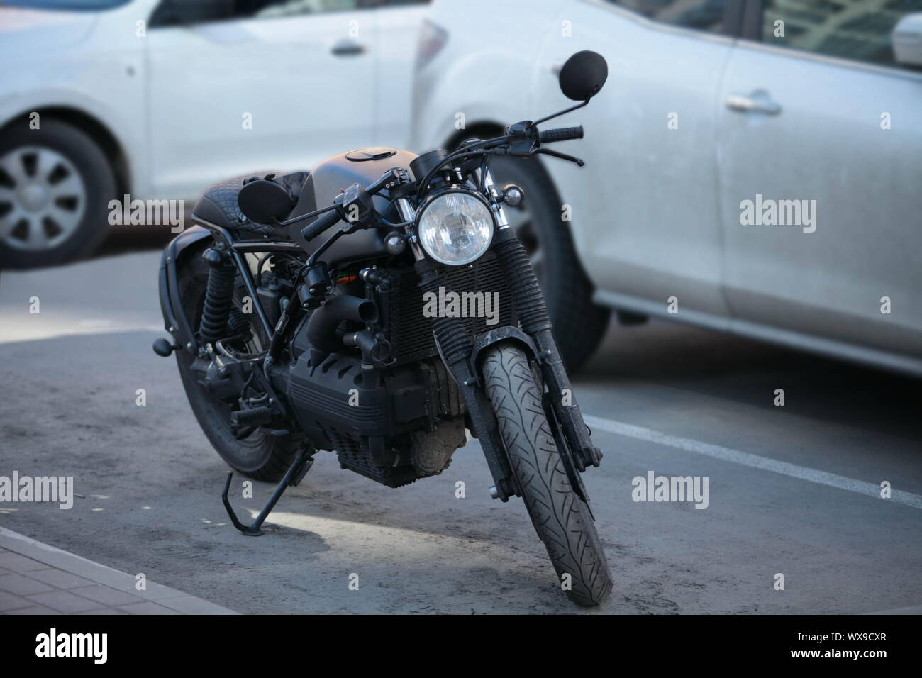 black motorcycle in the parking Stock Photo