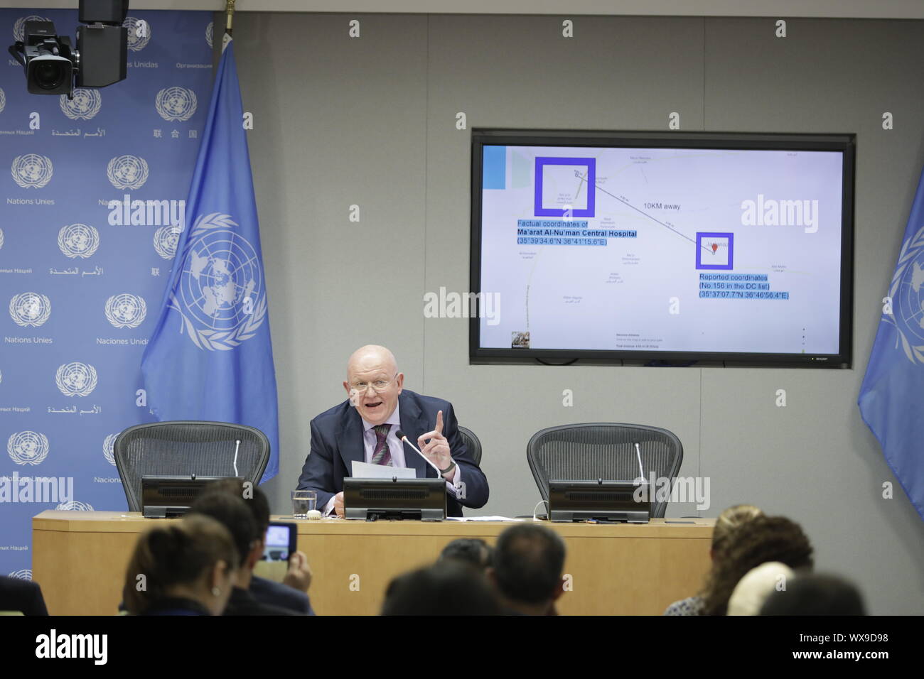 United Nations, UN headquarters in New York. 16th Sep, 2019. Vassily Nebenzia, Russian permanent representative to the United Nations and president of the UN Security Council for the month of September, speaks to journalists during a press conference on the situation in Syria, at the UN headquarters in New York, on Sept. 16, 2019. Russia's UN envoy said Monday that the latest ceasefire for Syria's Idlib has been breached by Jihadist rebels. Credit: Li Muzi/Xinhua/Alamy Live News Stock Photo