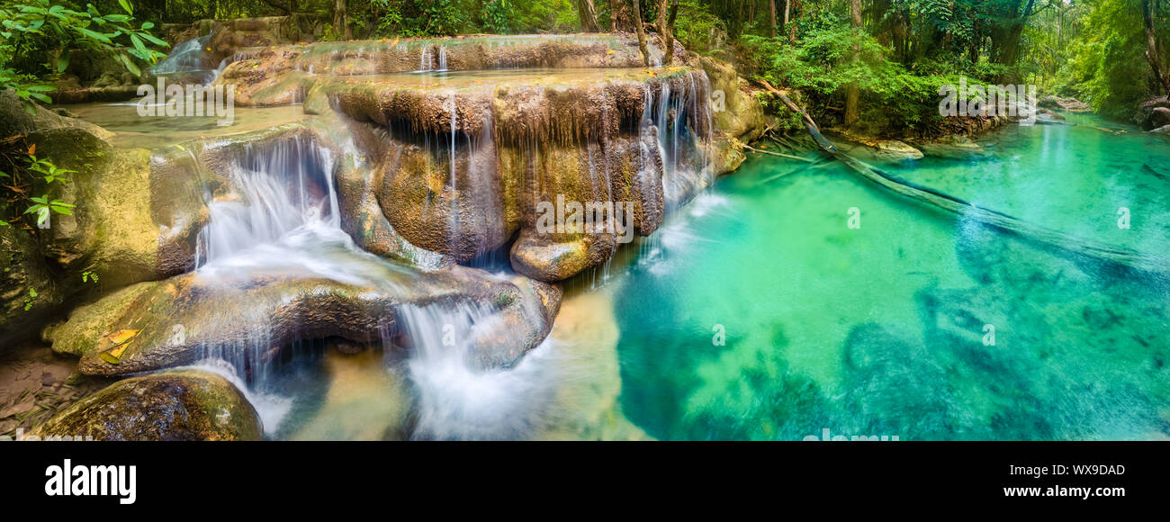 Beautiful waterfall at Erawan national park, Thailand. Panorama Stock Photo