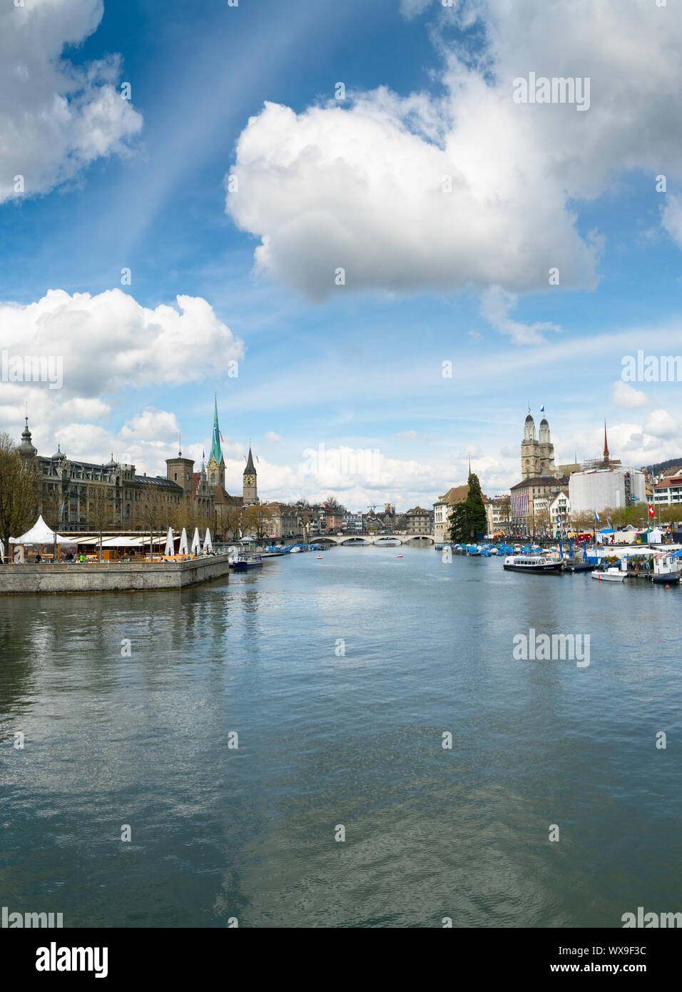 Zurich, ZH / Switzerland - April 8, 2019: Zurich cityscape with the river Limmat during the traditio Stock Photo