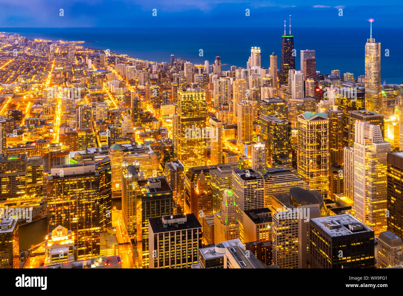 aerial view of Chicago Skylines night Stock Photo