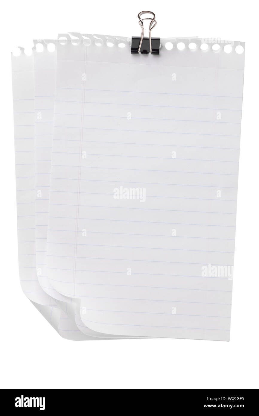 Few pieces of notebook paper with clip on a close up image Stock Photo
