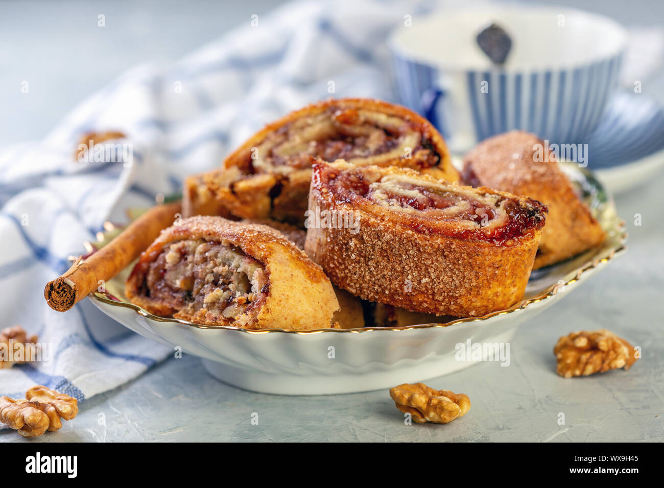 Rolls with jam, walnuts and raisins. Jewish cuisine. Stock Photo