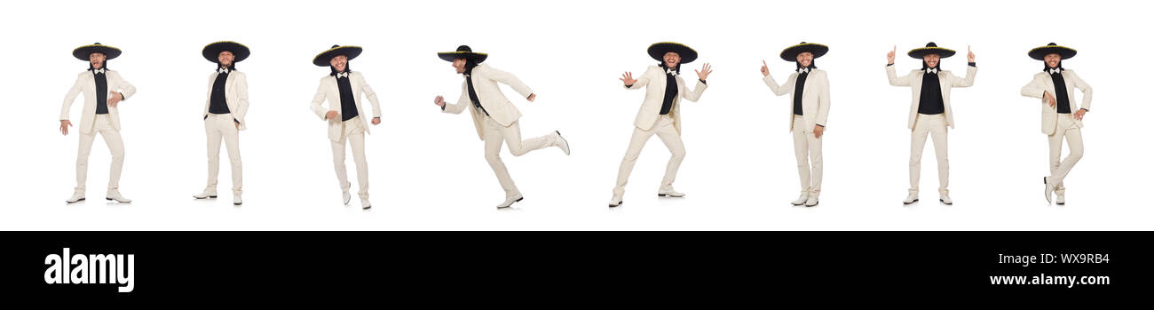 Funny mexican in suit and sombrero isolated on white Stock Photo