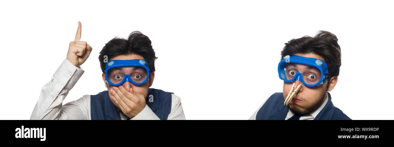 Funny man wearing goggles isolated on white Stock Photo