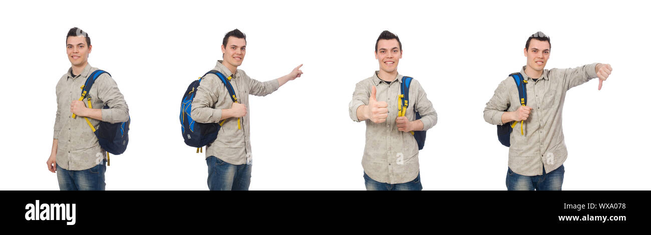 Smiling caucasian student with backpack isolated on white Stock Photo