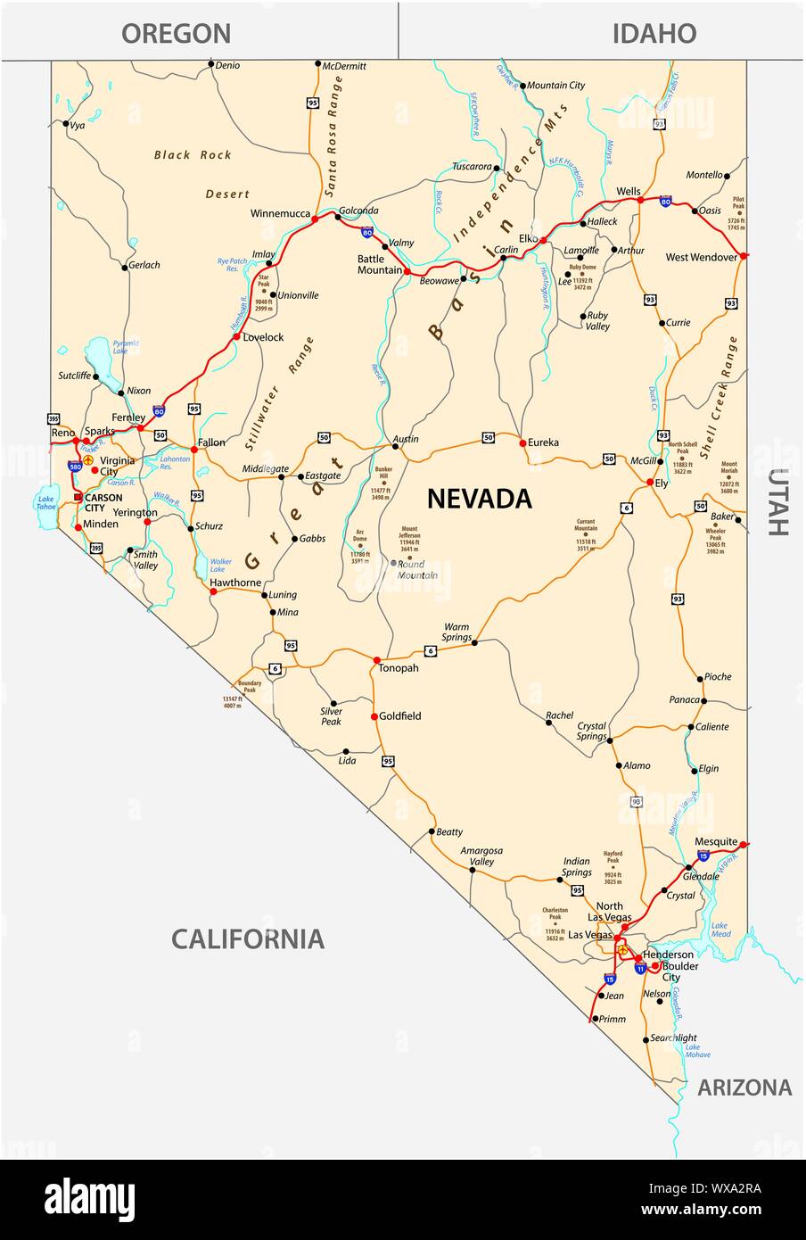 Nevada road map with interstate US highways and federal highways Stock Vector