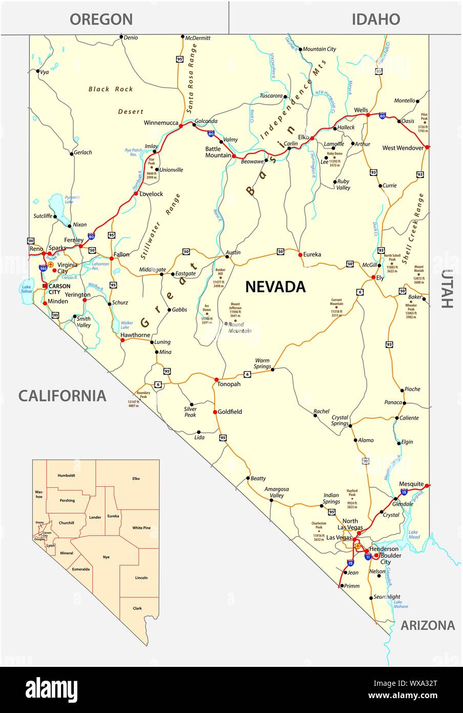Nevada streets and administrative map with interstate US highways and main roads Stock Vector