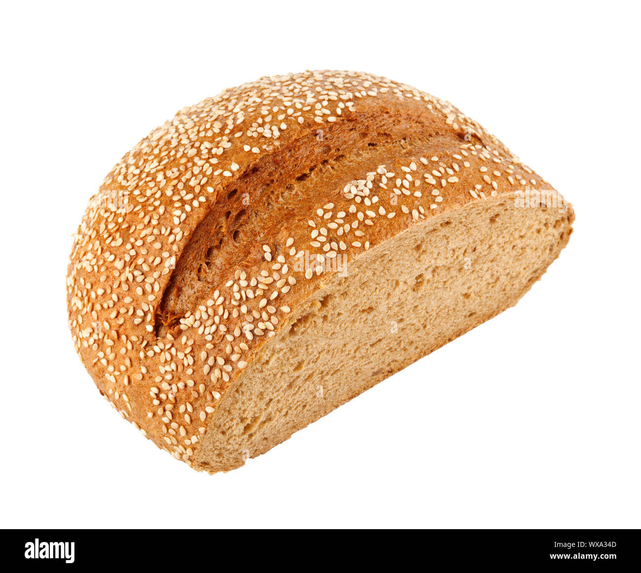 A loaf of homemade bread with sesame seeds isolated on white background ...