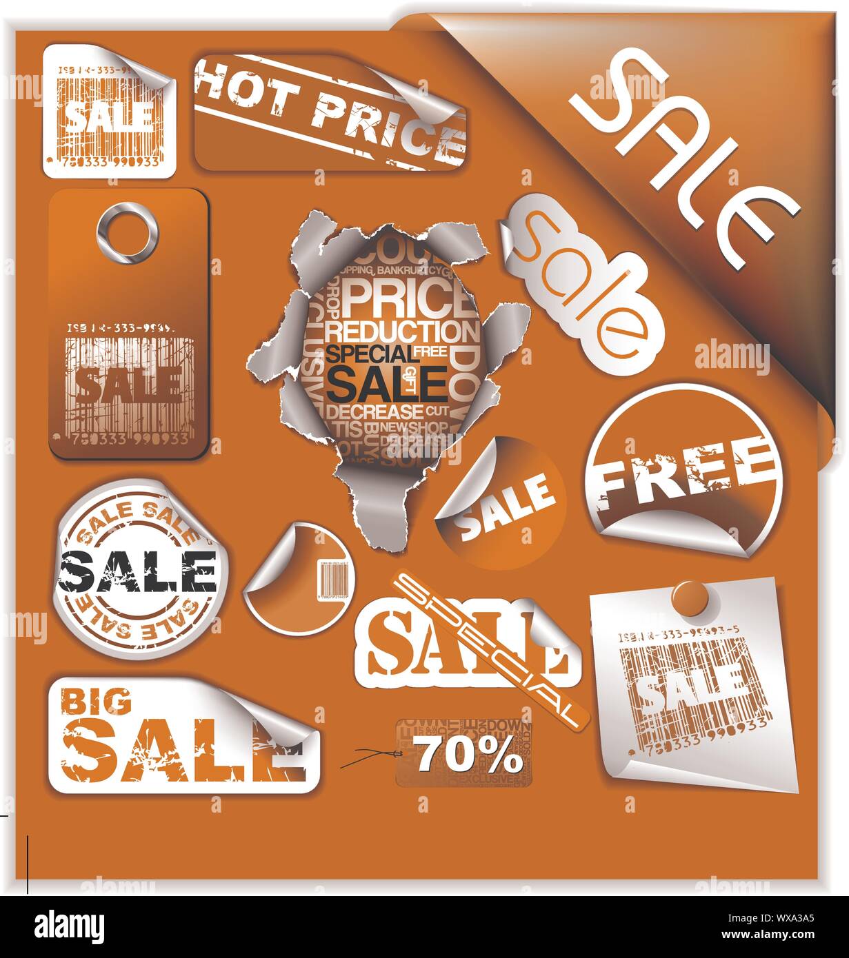 Set of brown discount tickets, labels, stamps, stickers, corners, tags