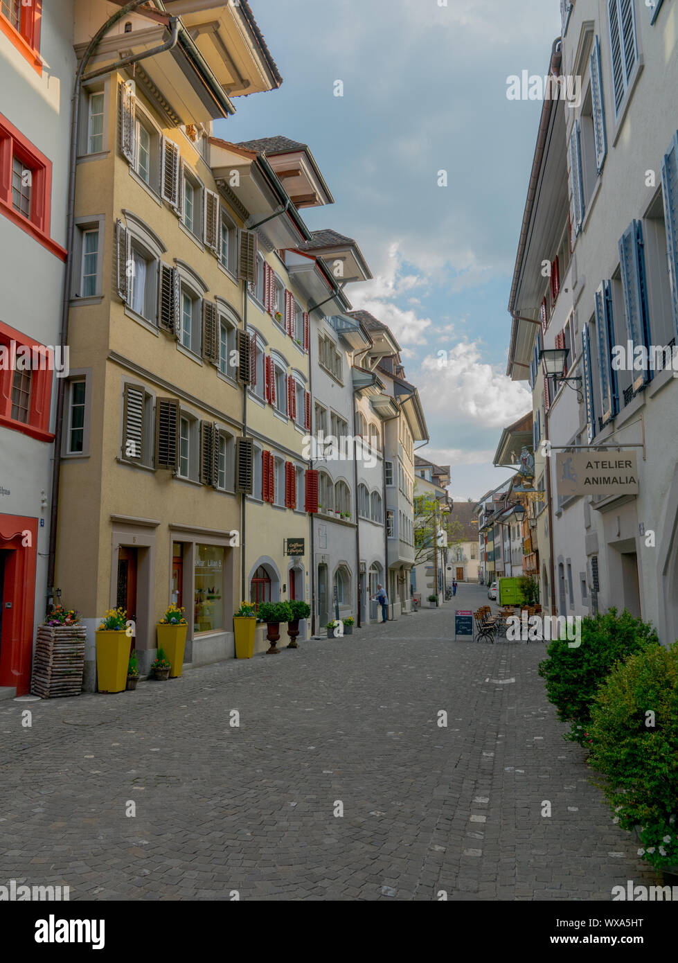 Zug, ZG / Switzerland - 20 April, 2019: the historic old city of Zug in Switzerland with ist colorfu Stock Photo