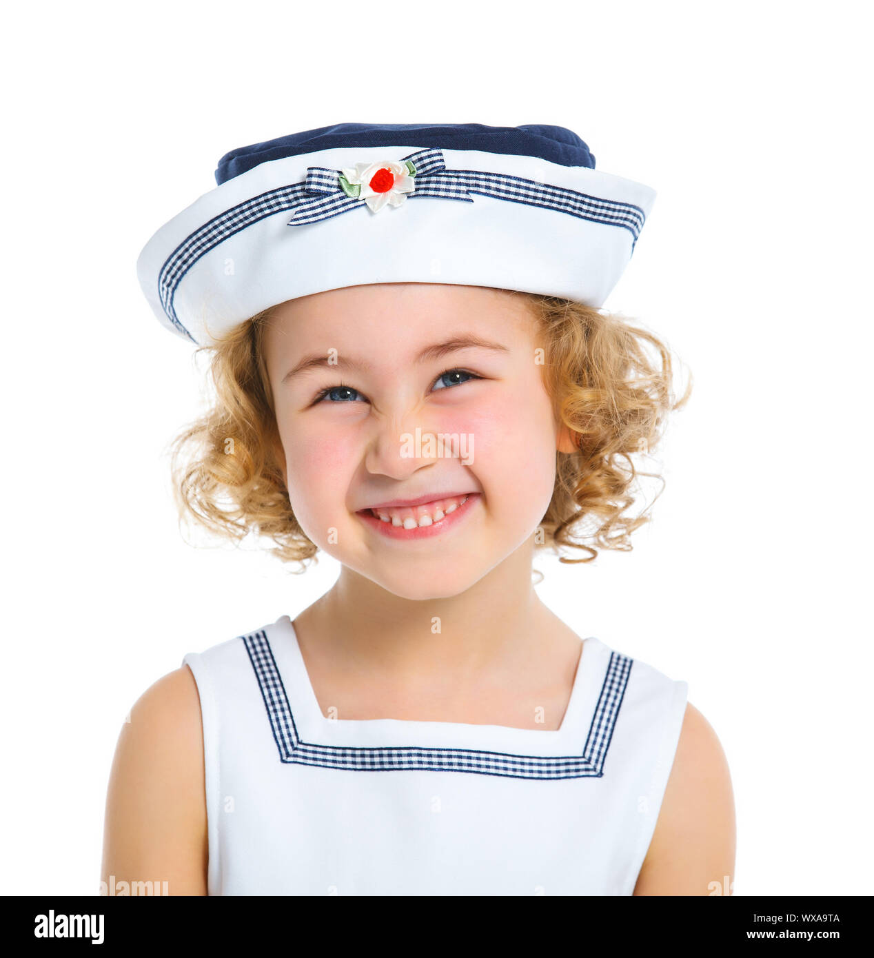 Portrait of smile little girl in cute hat on white background Stock ...