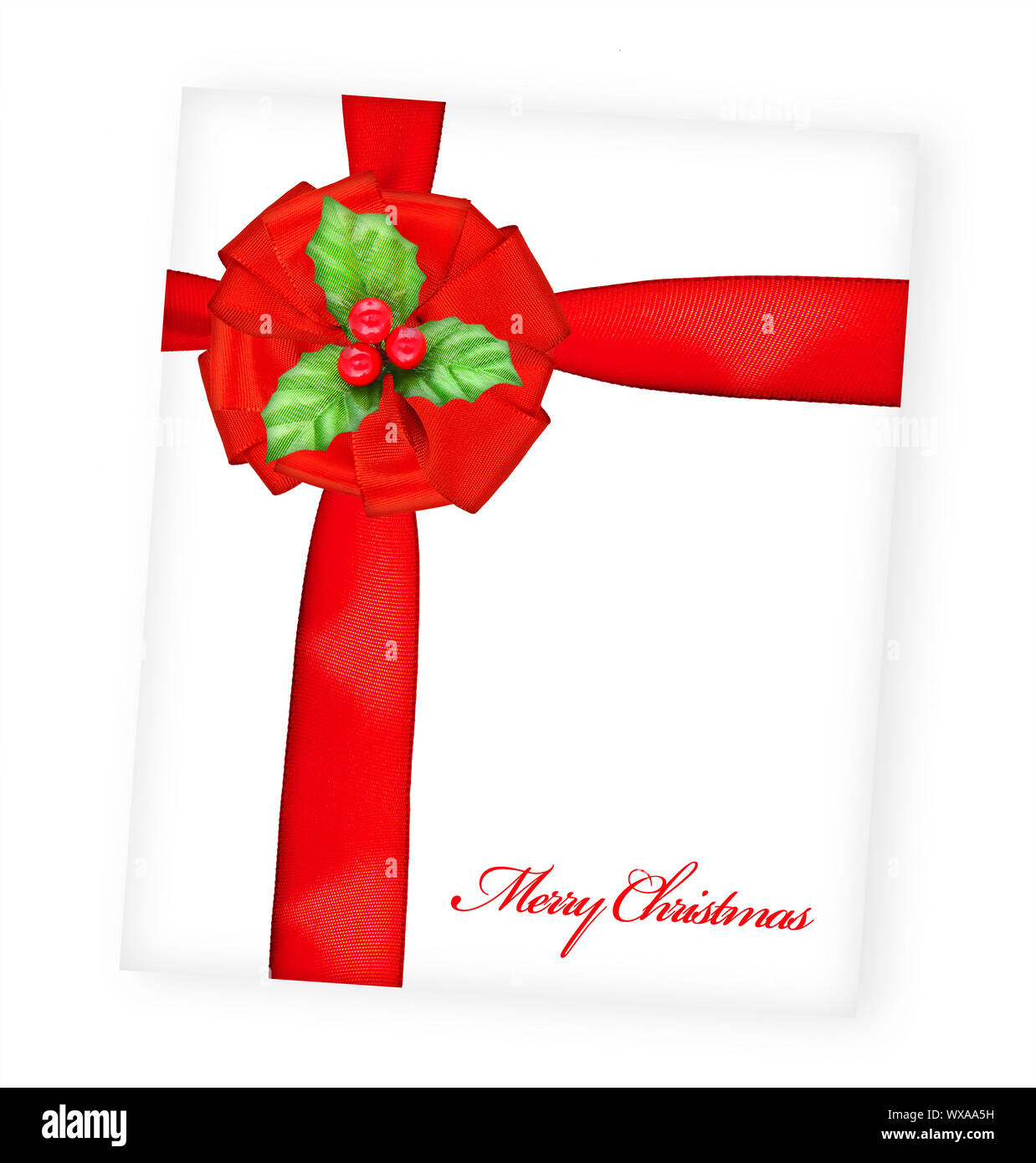 Merry Christmas greeting card wrapped with red ribbon, big silk bow ...