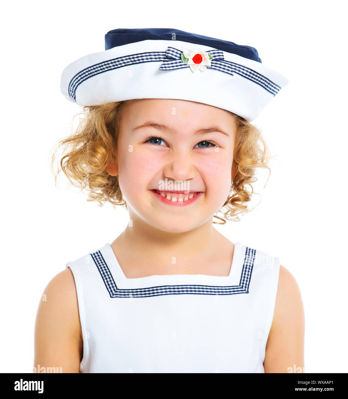 Portrait of smile little girl in cute hat on white background Stock ...