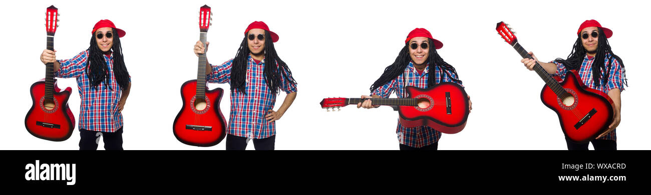 Man with dreadlocks holding guitar isolated on white Stock Photo
