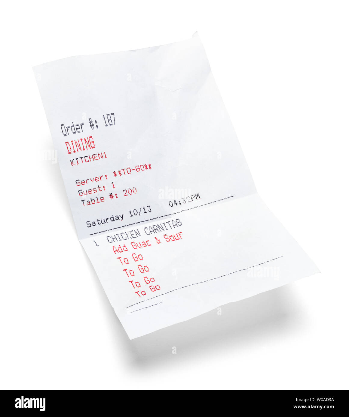 Mexican Food Take Out Receipt Isolated on White. Stock Photo