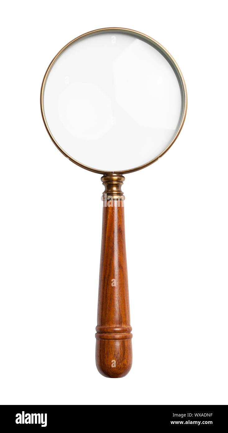Old Detective Magnifying Glass Isolated on White. Stock Photo