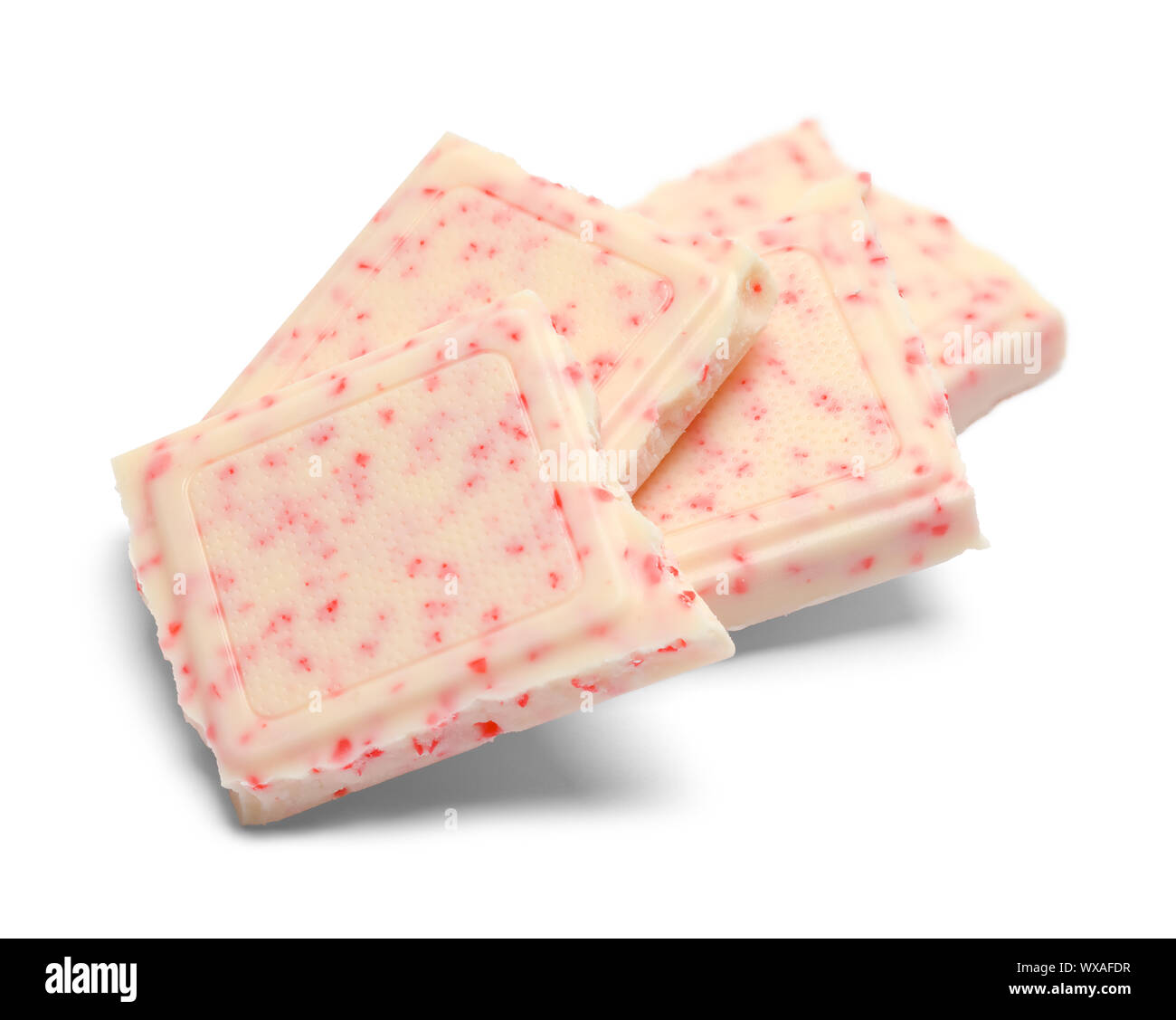 White Chocolate Peppermint Bark Squares Isolated on White. Stock Photo