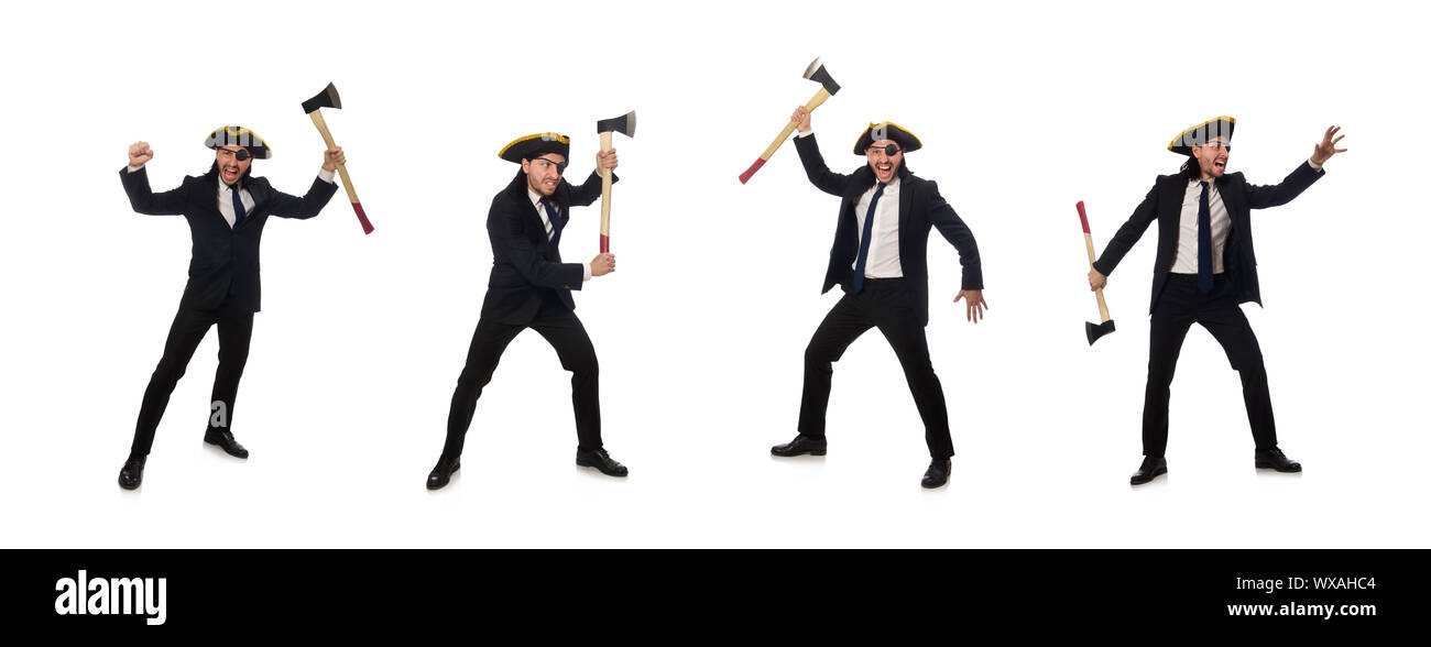 Pirate businessman with axe isolated on white Stock Photo Alamy