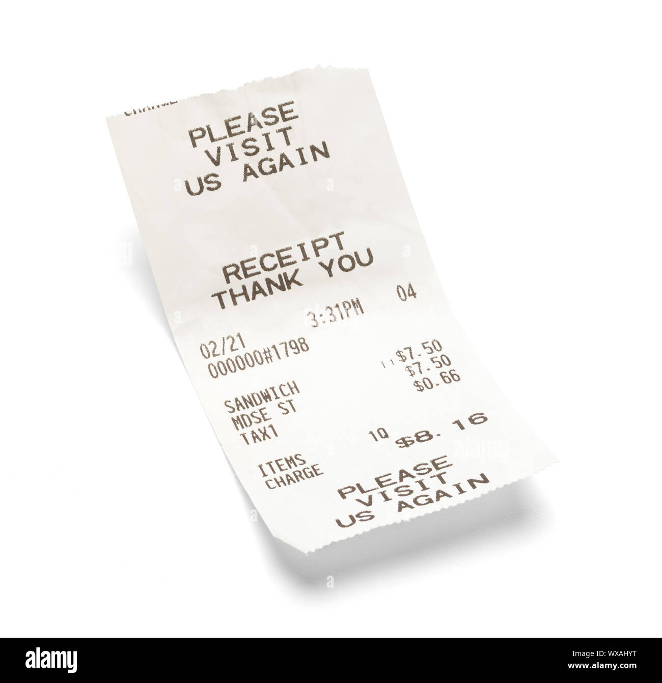 Fast Food Sandwich Receipt Isolated on White. Stock Photo