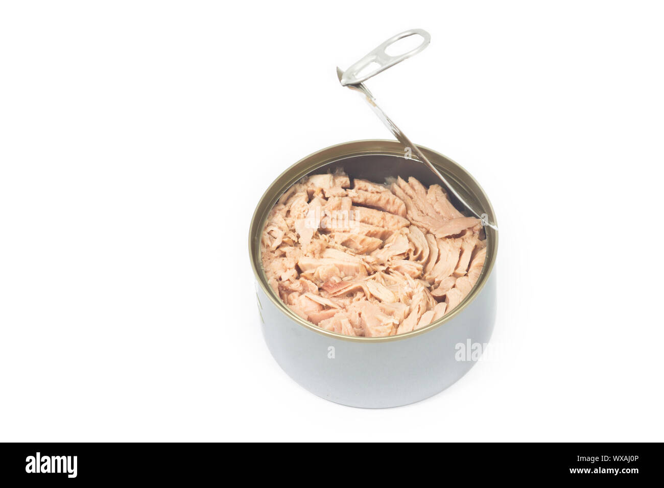 Tuna in vegetable oil in opened can on white isolated Stock Photo Alamy
