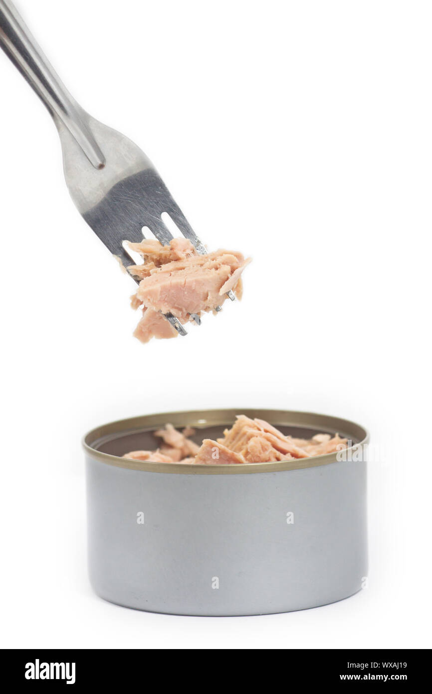 Tuna in vegetable oil with fork on white Stock Photo Alamy