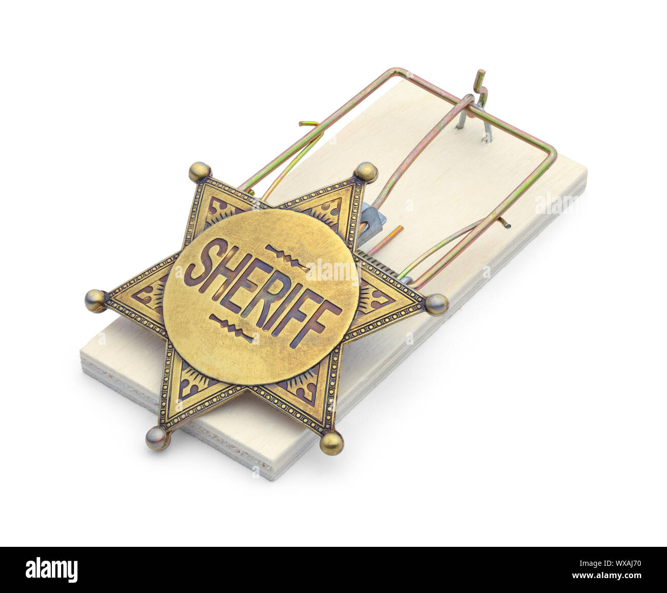 Mouse Trap with Sheriff Badge Isolated on White. Stock Photo