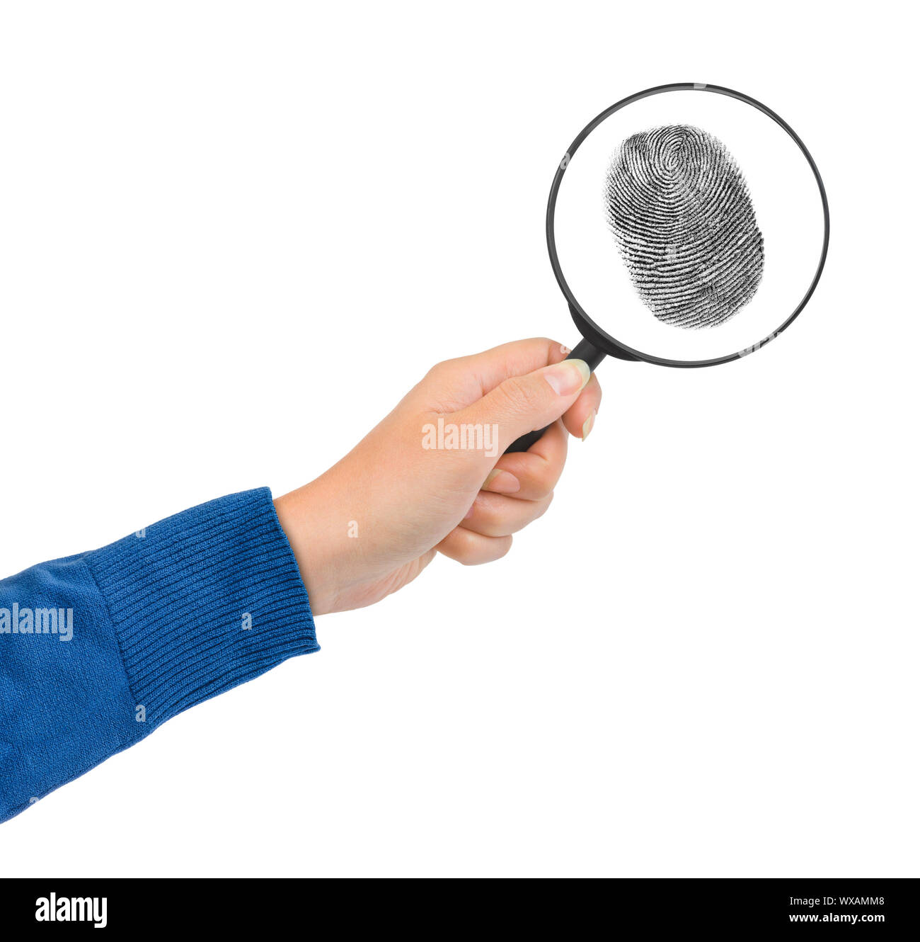 Magnifying glass in hand and fingerprint Stock Photo