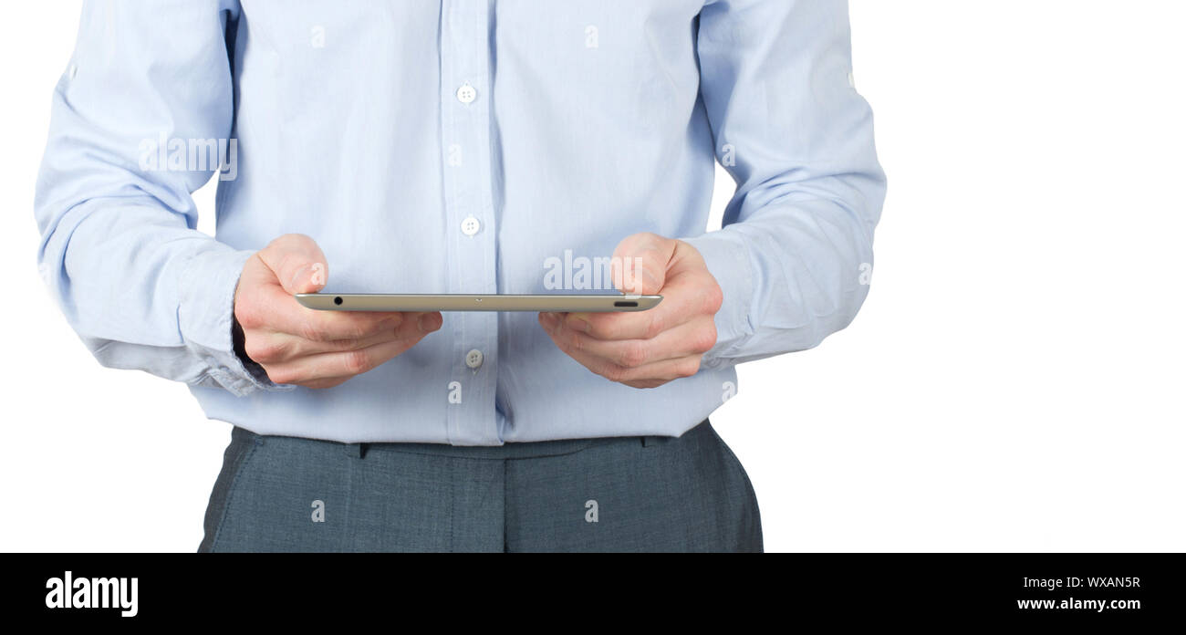 hands with tablet computer on white Stock Photo - Alamy