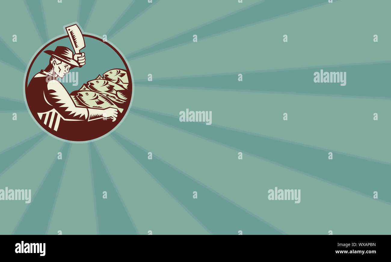 Illustration of a fishmonger butcher with meat cleaver knife chopping ...