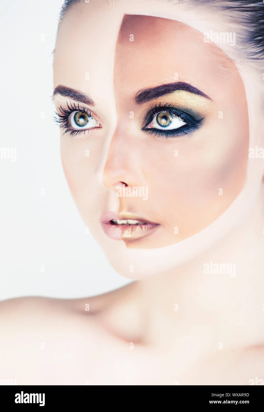 half faced woman before tanning and after close up isolated on white