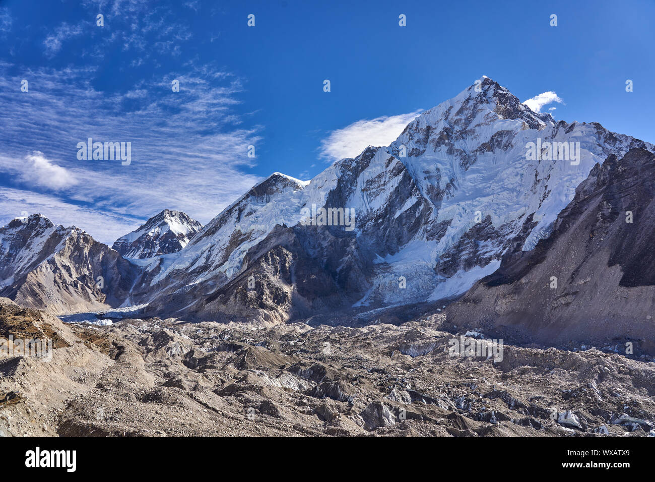 The Khumbu glacier at Mountain Nuptse in Nepal Stock Photo
