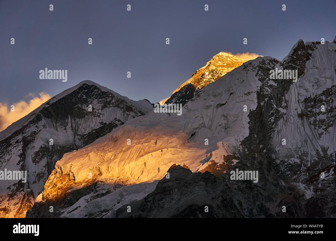 Mount Everest and icefall at sunset Stock Photo