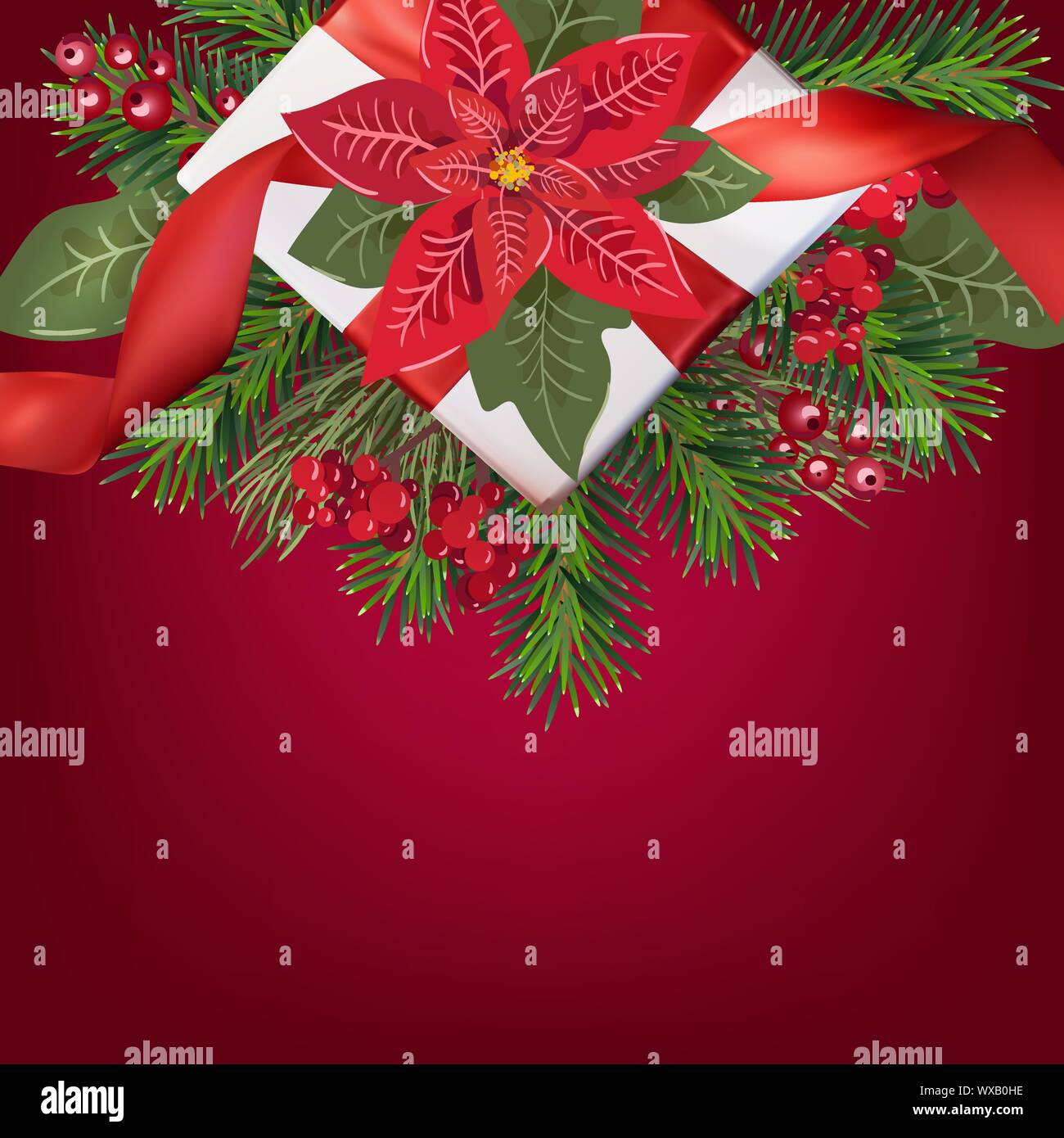 Merry Christmas greeting card with gift box and xmas tree on red ...
