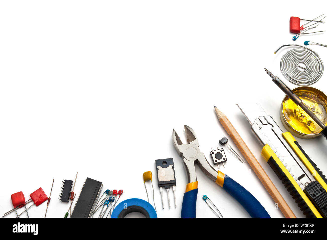 Set of electronic tools and components on white background Stock Photo