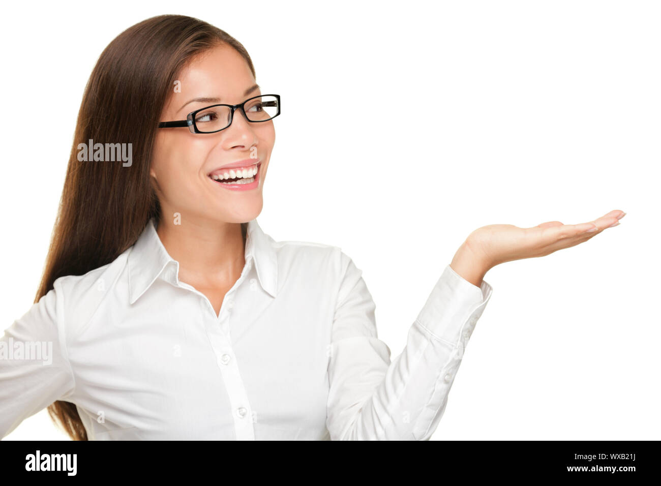 Eyewear woman wearing glasses showing copy space isolated on white ...