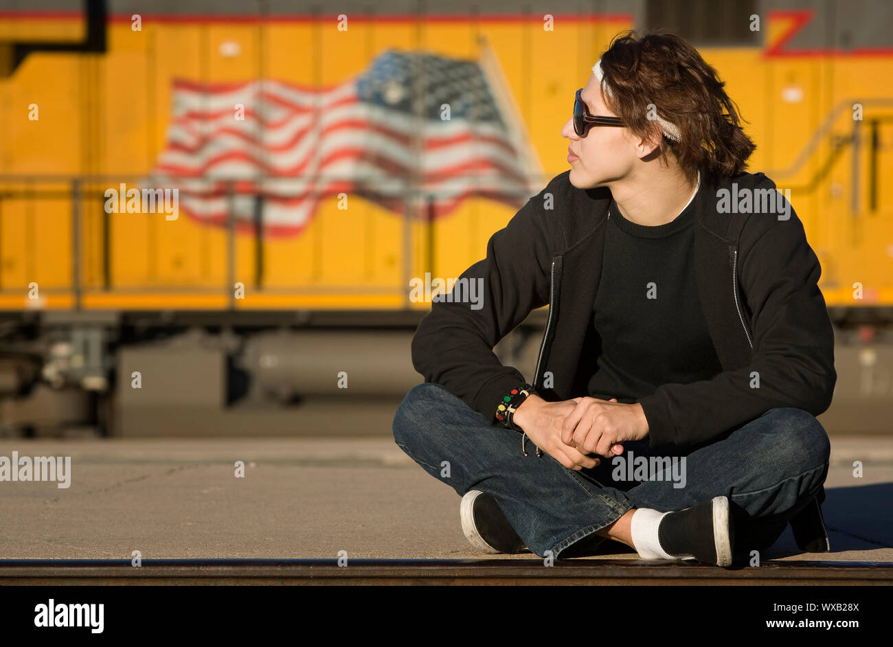 Portrait teenage boy wearing sunglasses hi-res stock photography